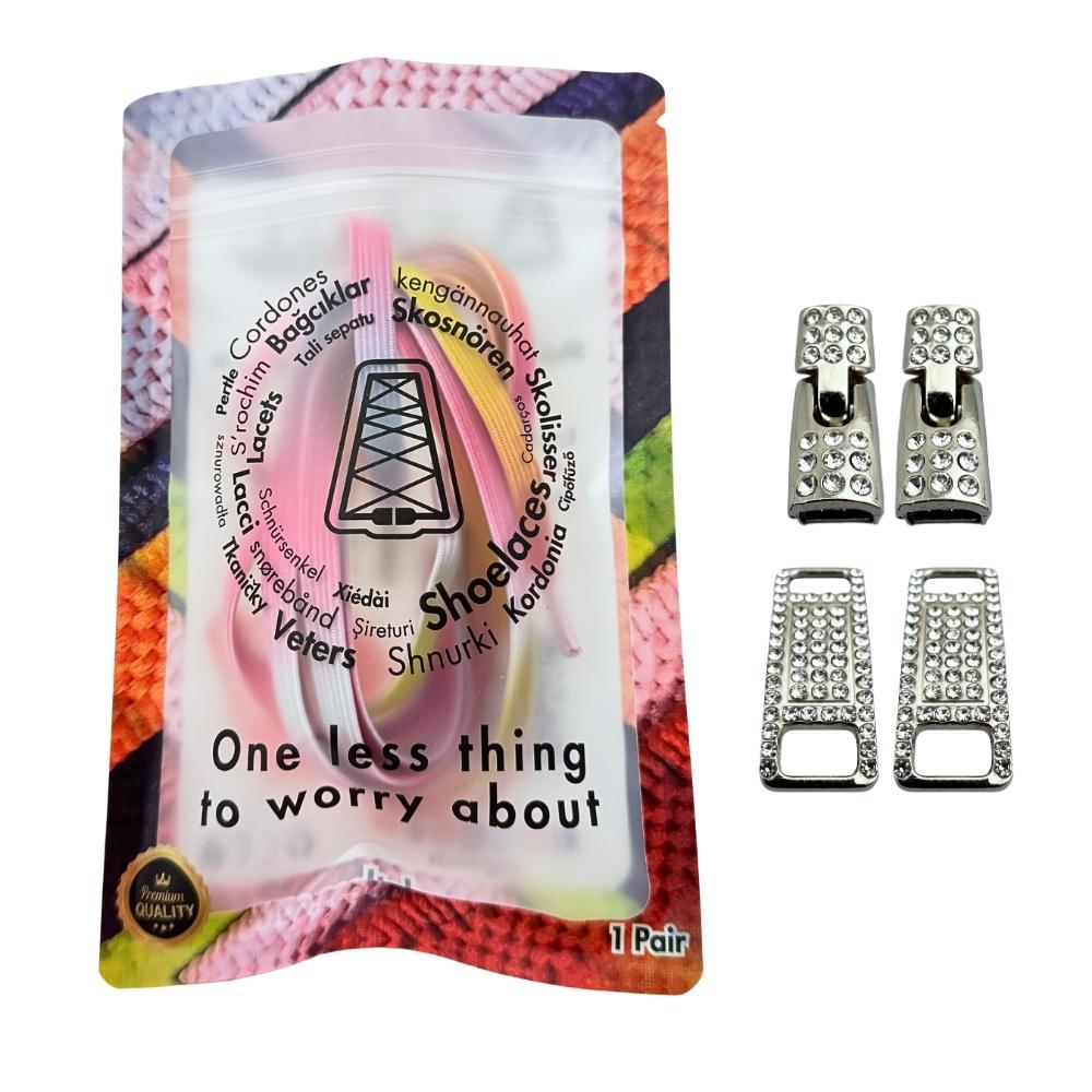 Elastische veters zonder strikken bling bling 6mm haak zilveren sluiting roze regenboog in luxe verpakking