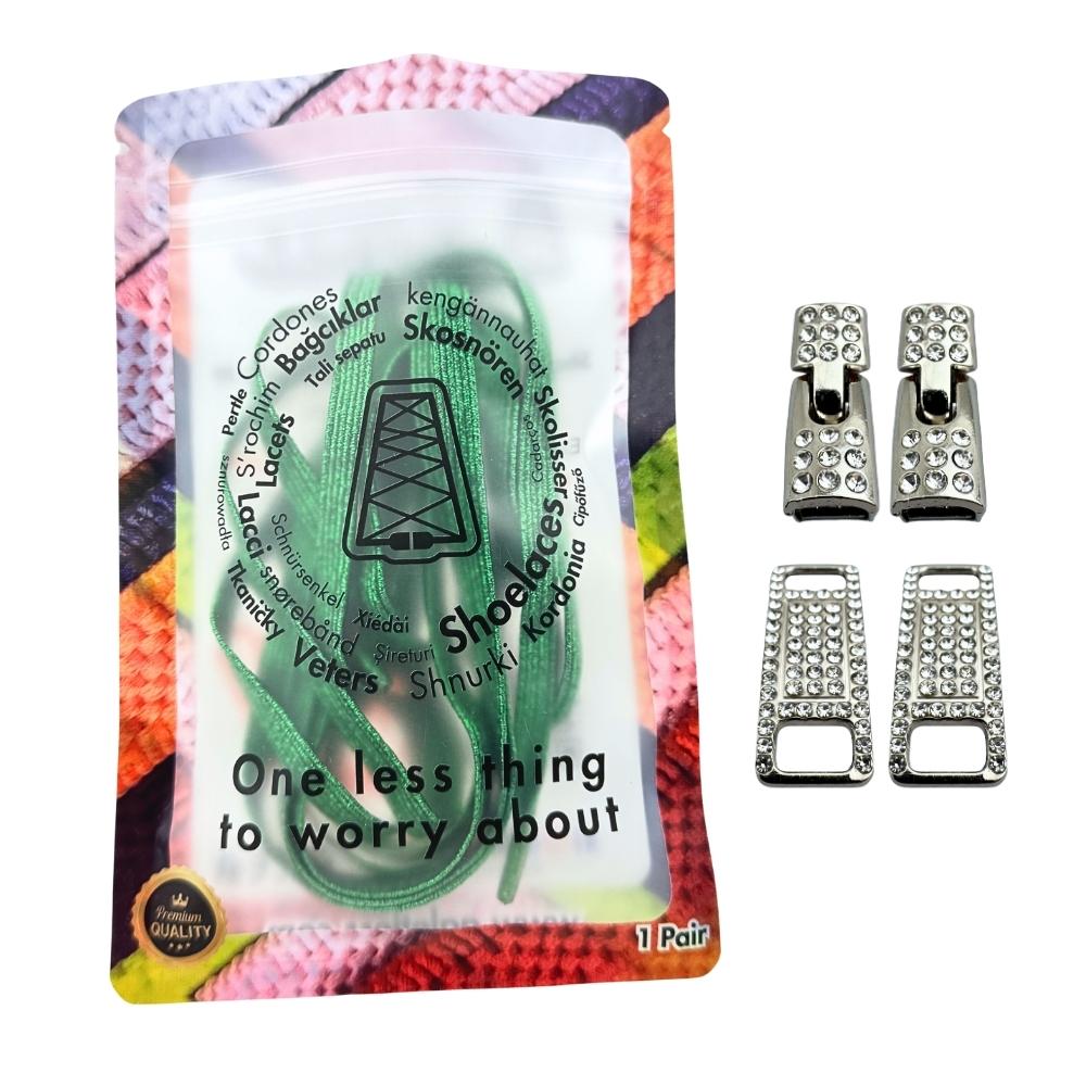 Elastische veters zonder strikken bling bling 6mm haak zilveren sluiting groen in luxe verpakking