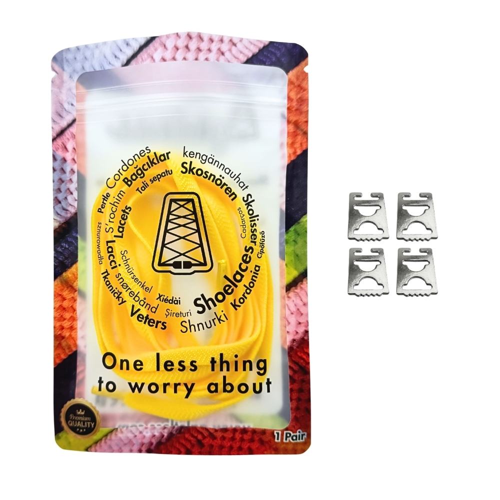 Elastische veters onzichtbaar strikken plat 8mm onzichtbare clipjes geel in luxe verpakking