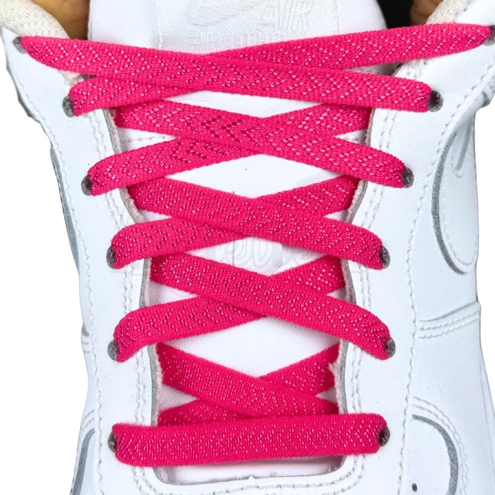 Elastische veters onzichtbaar strikken plat 8mm onzichtbare clipjes rozenrood met stretch uitgerekt