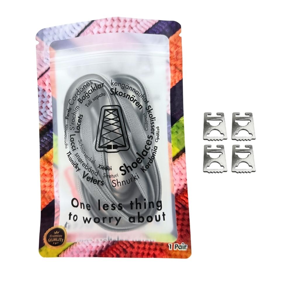 Elastische veters onzichtbaar strikken plat 9mm onzichtbare clipjes grijs in luxe verpakking