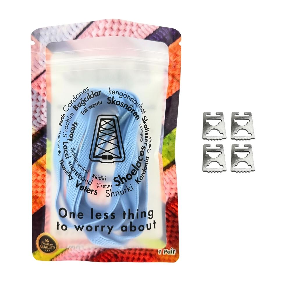 Elastische veters onzichtbaar strikken plat 9mm onzichtbare clipjes hemelsblauw in luxe verpakking