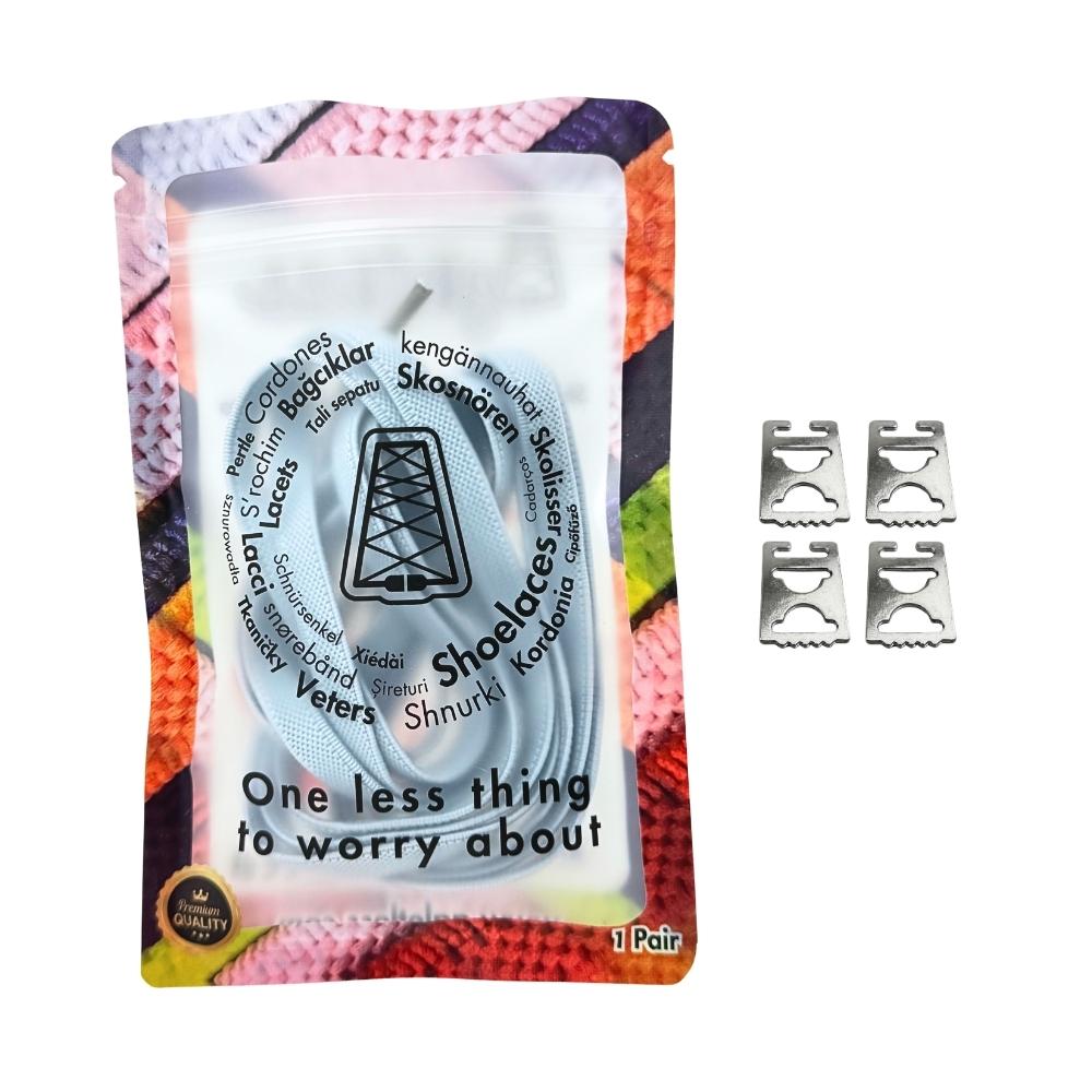 Elastische veters onzichtbaar strikken plat 9mm onzichtbare clipjes lichtblauw in luxe verpakking