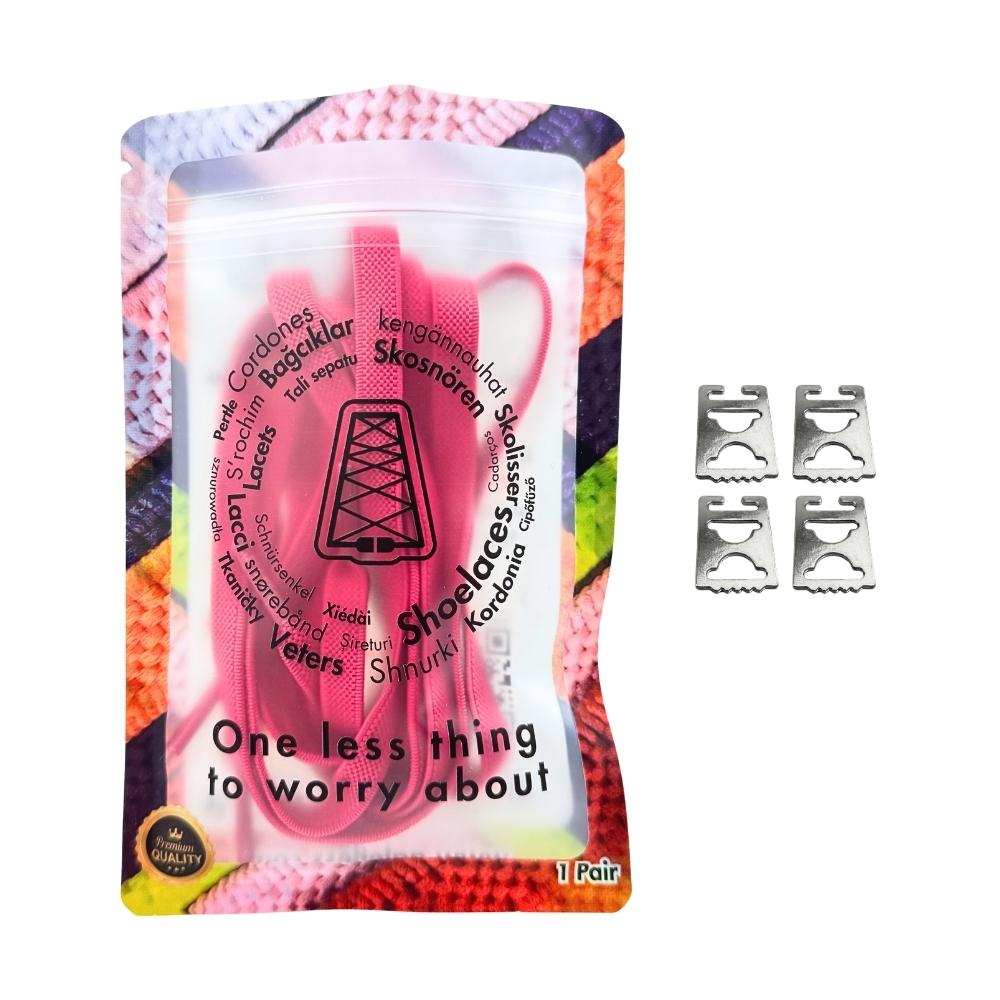 Elastische veters onzichtbaar strikken plat 9mm onzichtbare clipjes rozenrood in luxe verpakking