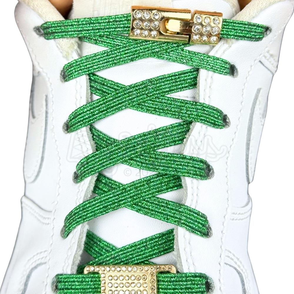 Elastische veters zonder strikken bling bling 6mm haak sluiting groen met stretch uitgerekt