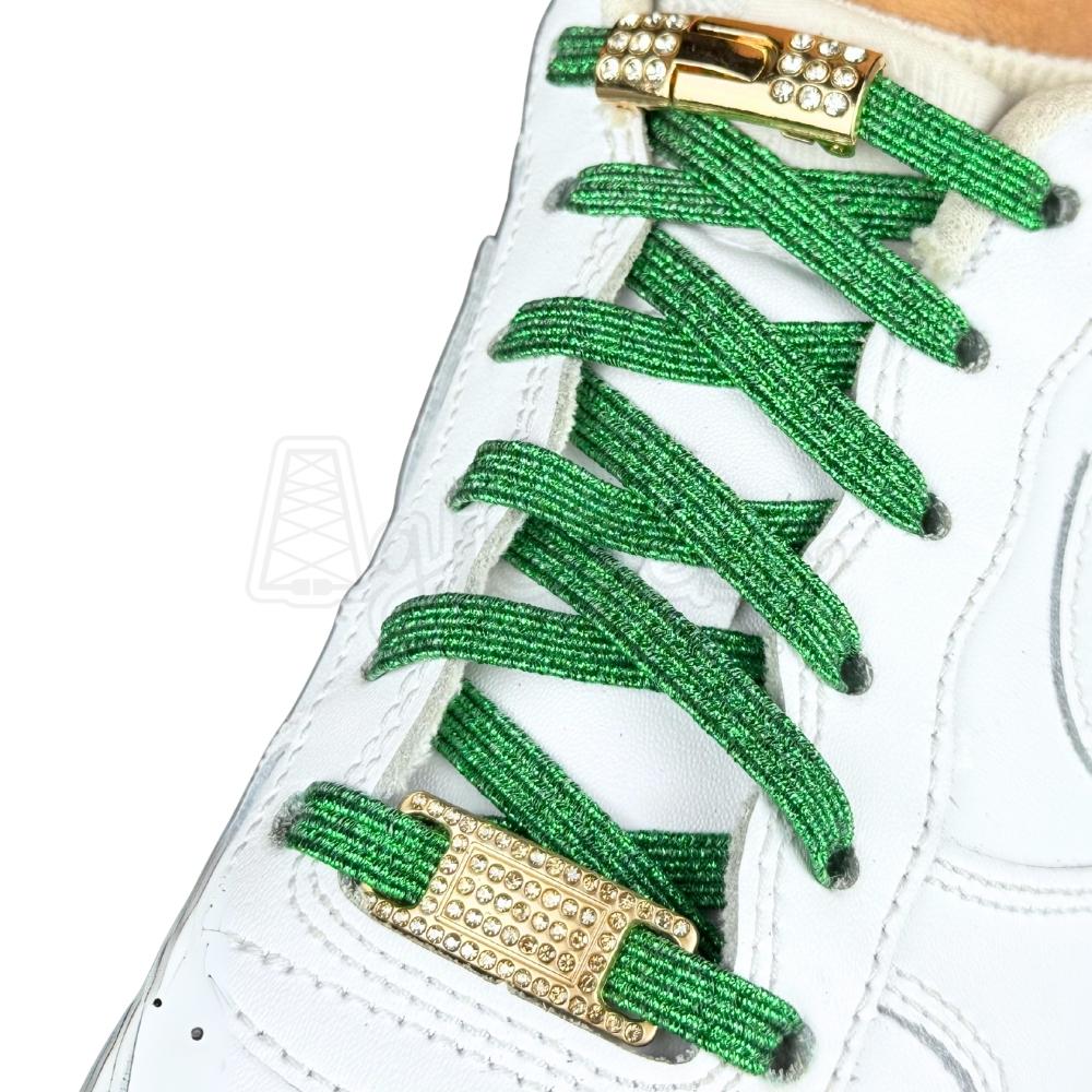 Elastische veters zonder strikken bling bling 6mm haak sluiting groen geregen in witte Nike Air Force 1