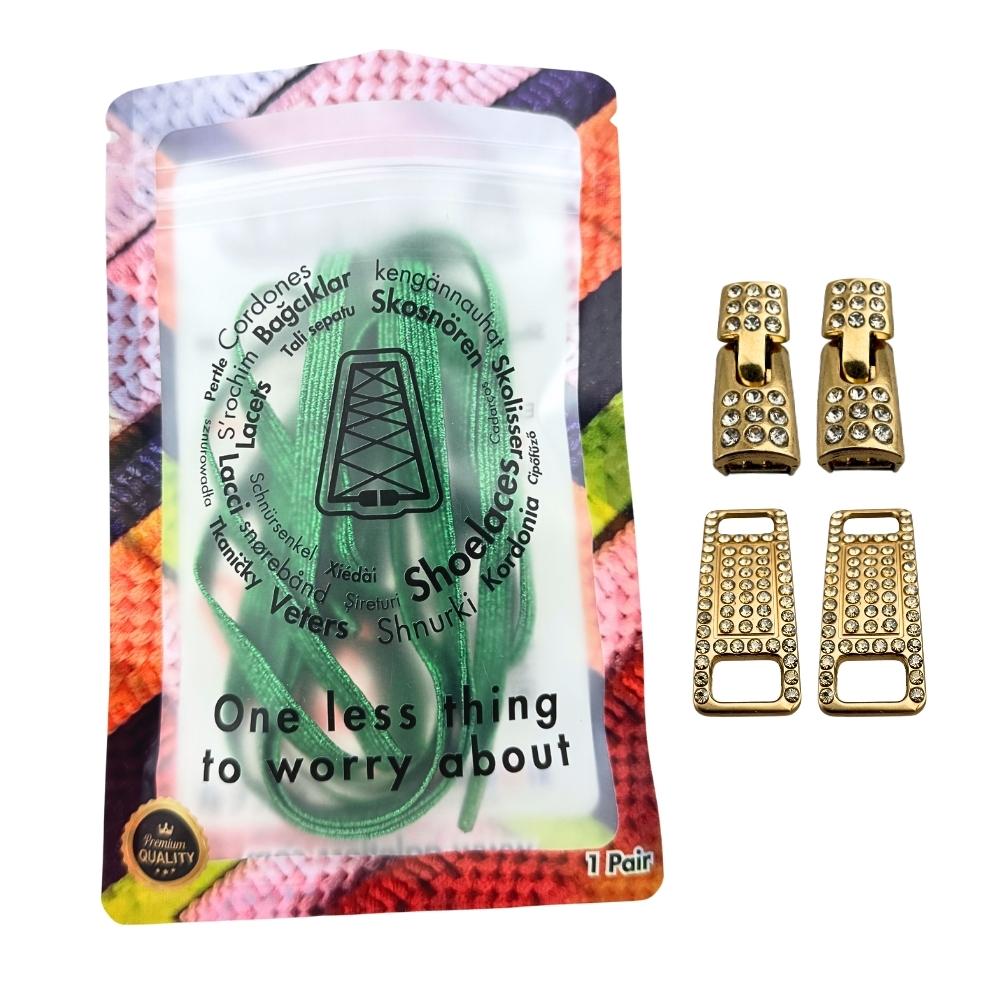 Elastische veters zonder strikken bling bling 6mm haak sluiting groen in luxe verpakking