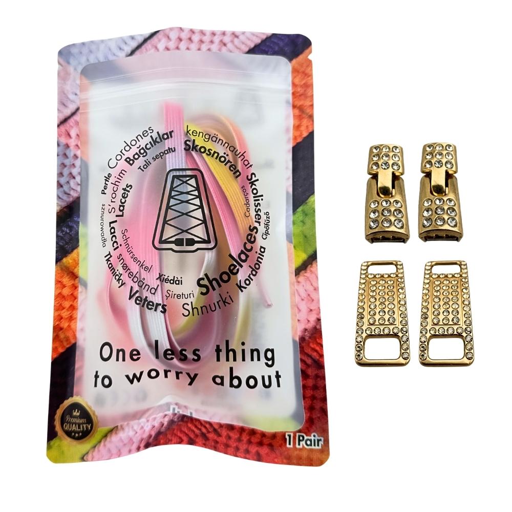 Elastische veters zonder strikken bling bling 6mm haak sluiting roze regenboog in luxe verpakking