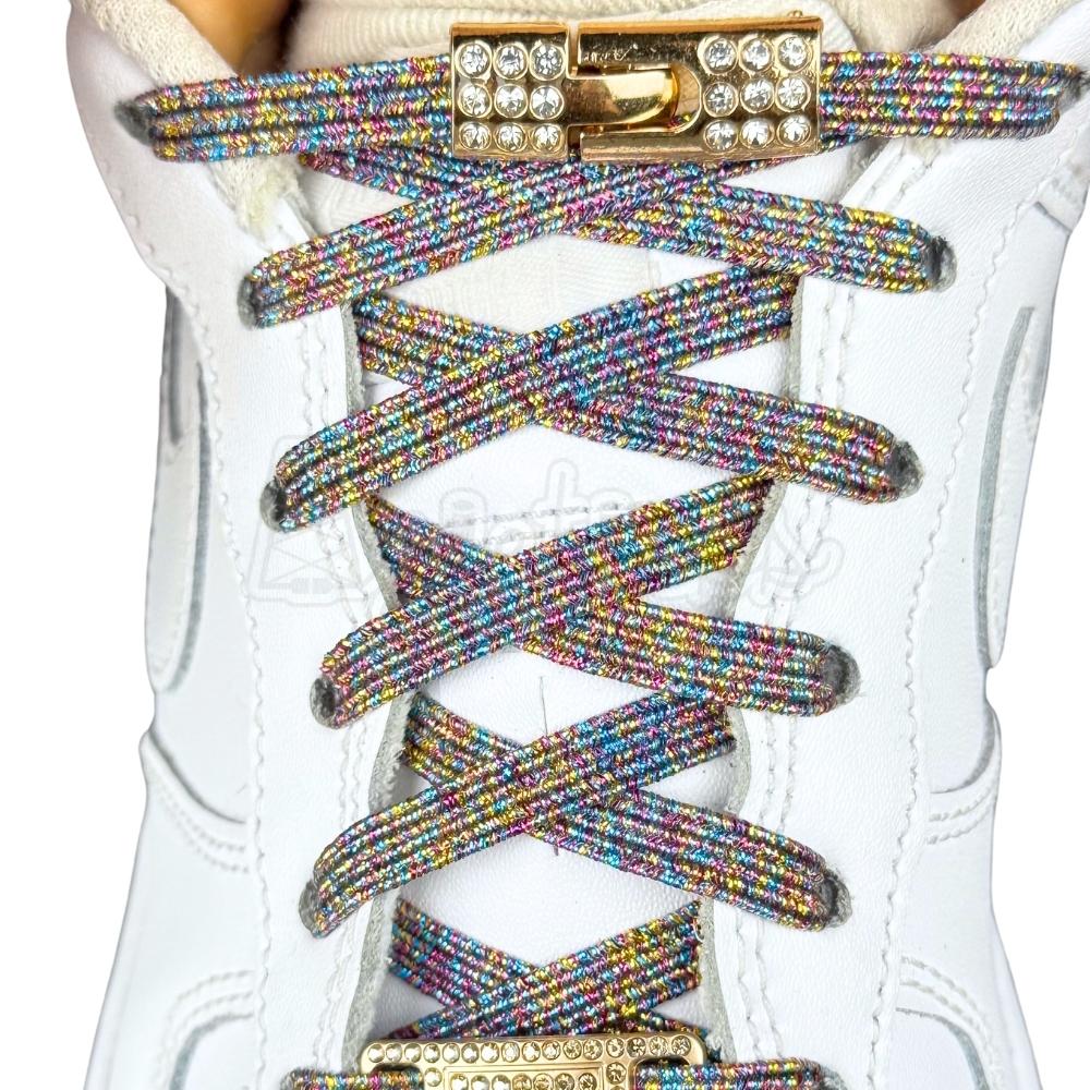 Elastische veters zonder strikken bling bling 6mm haak sluiting zevenkleurig met stretch uitgerekt