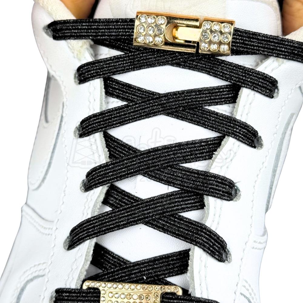 Elastische veters zonder strikken bling bling 6mm haak sluiting zwart met stretch uitgerekt