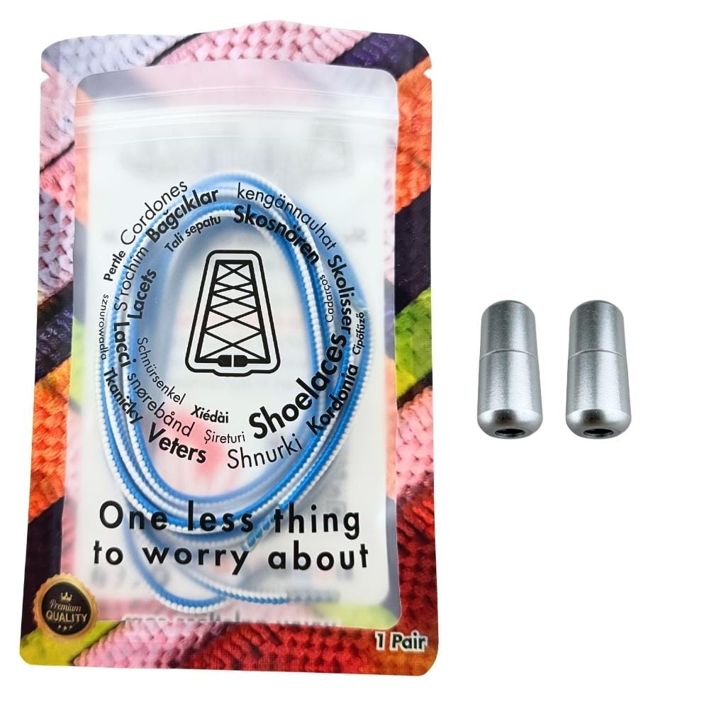 Elastische veters zonder strikken driehoek 3mm capsule sluiting blauw wit in luxe verpakking