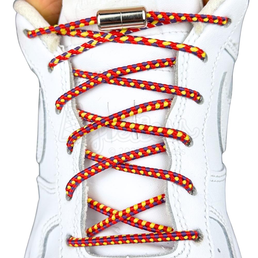 Elastische veters zonder strikken driehoek 3mm capsule sluiting rood geel paars met stretch uitgerekt