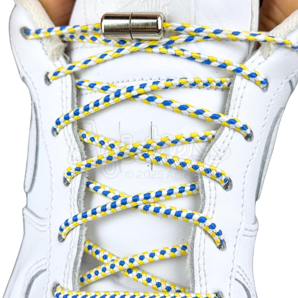 Elastische veters zonder strikken driehoek 3mm capsule sluiting wit blauw geel met stretch uitgerekt