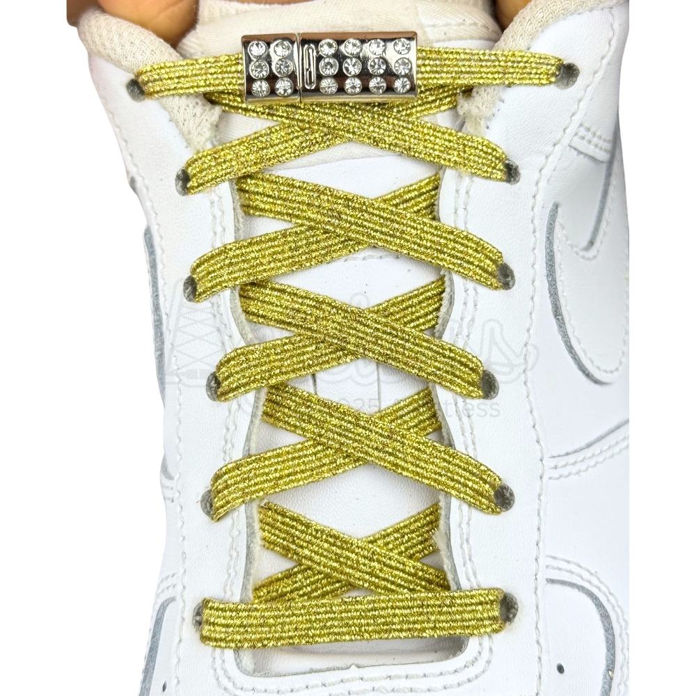 Elastische veters zonder strikken glitter 6mm bling magnetische sluiting goud met stretch uitgerekt