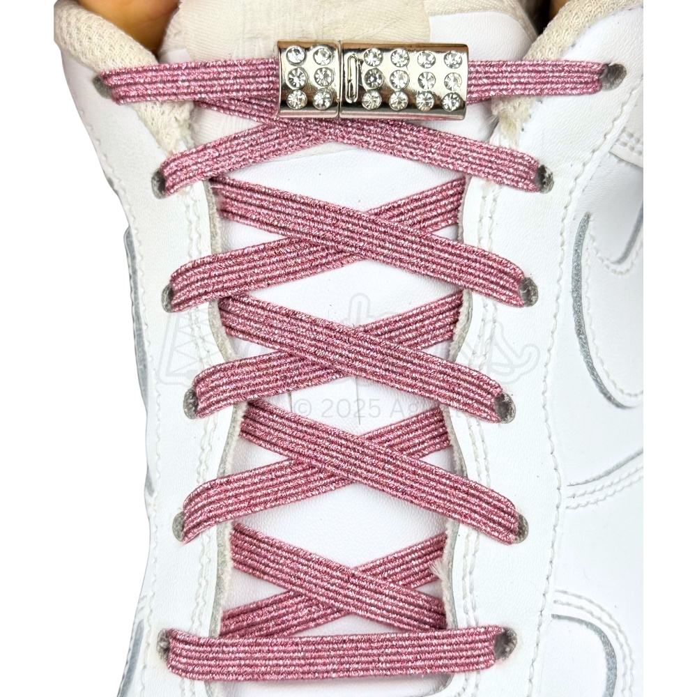 Elastische veters zonder strikken glitter 6mm bling magnetische sluiting roze met stretch uitgerekt