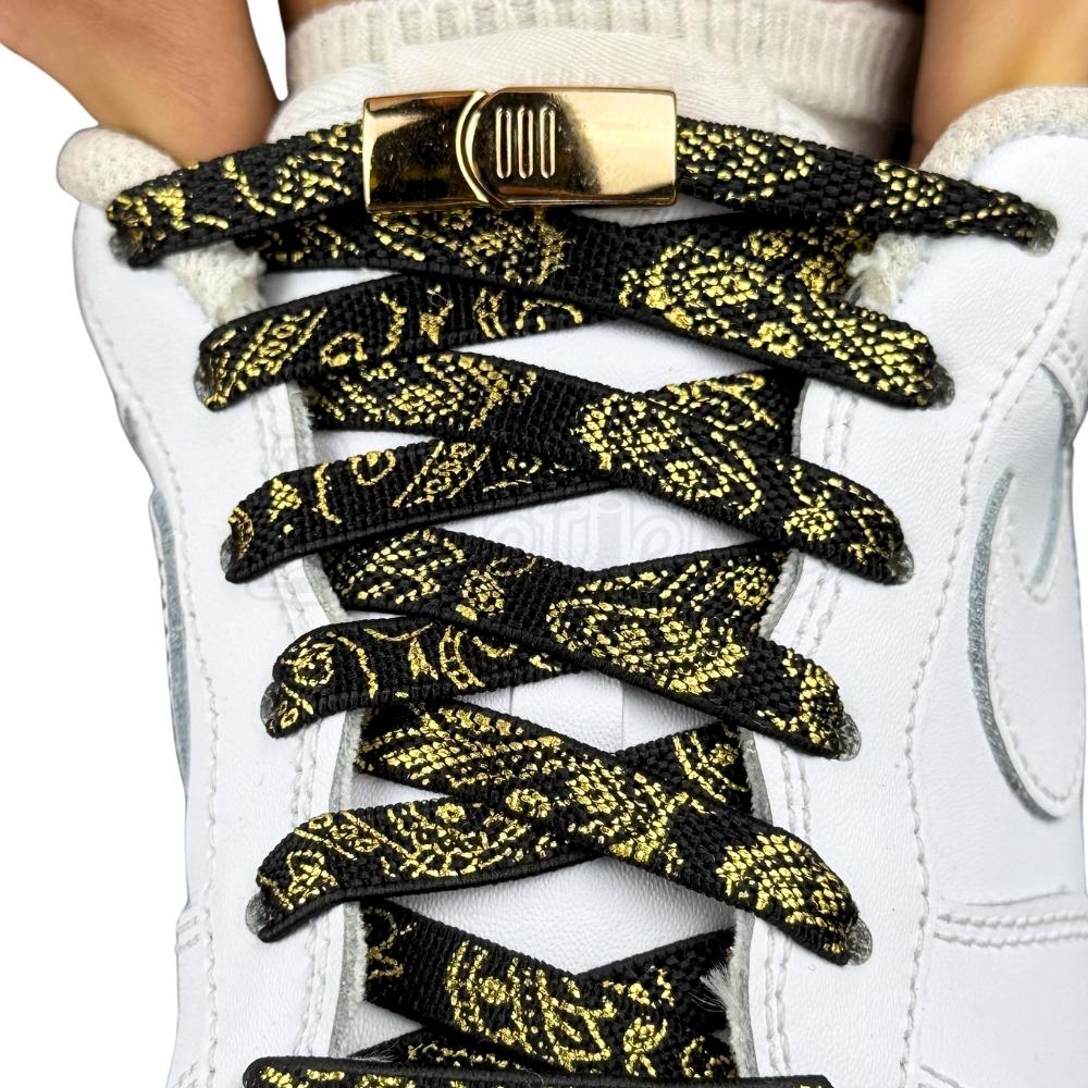 Elastische veters zonder strikken paisley 9mm magnetische sluiting zwart goud met stretch uitgerekt