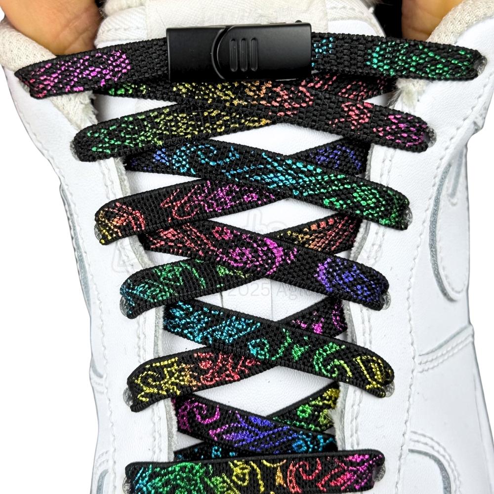 Elastische veters zonder strikken paisley 9mm magnetische sluiting zwart kleurig met stretch uitgerekt