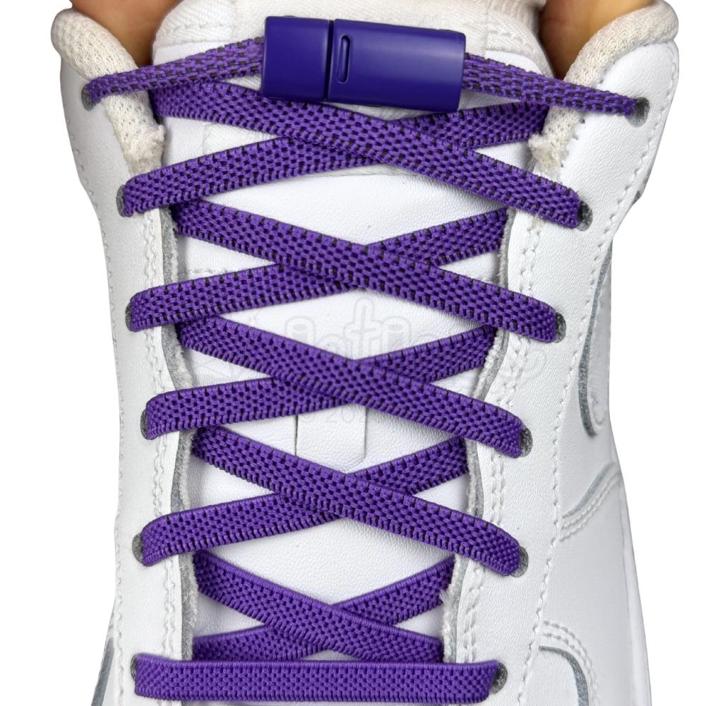 Elastische veters zonder strikken plat 6mm magnetische sluiting paars met stretch uitgerekt