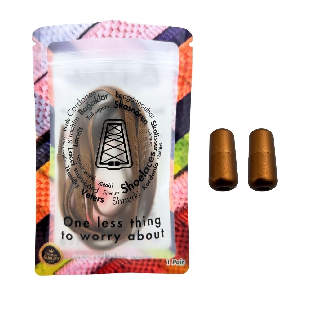 Elastische veters zonder strikken plat 6mm metalen draai capsule bruin in luxe verpakking