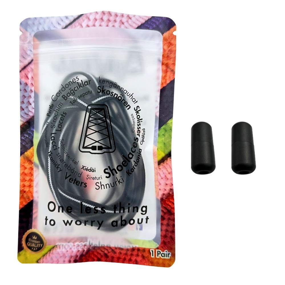 Elastische veters zonder strikken plat 6mm metalen draai capsule zwart wit in luxe verpakking