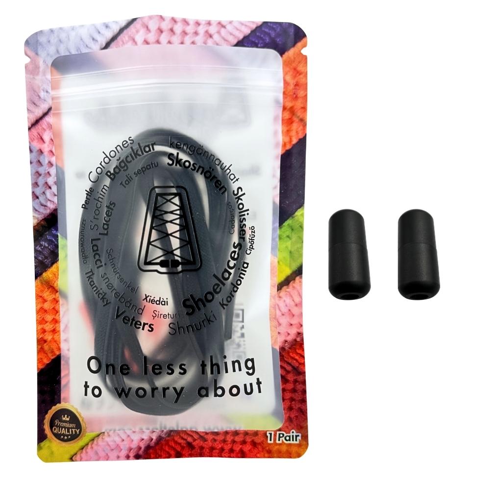 Elastische veters zonder strikken plat 6mm metalen draai capsule zwart in luxe verpakking