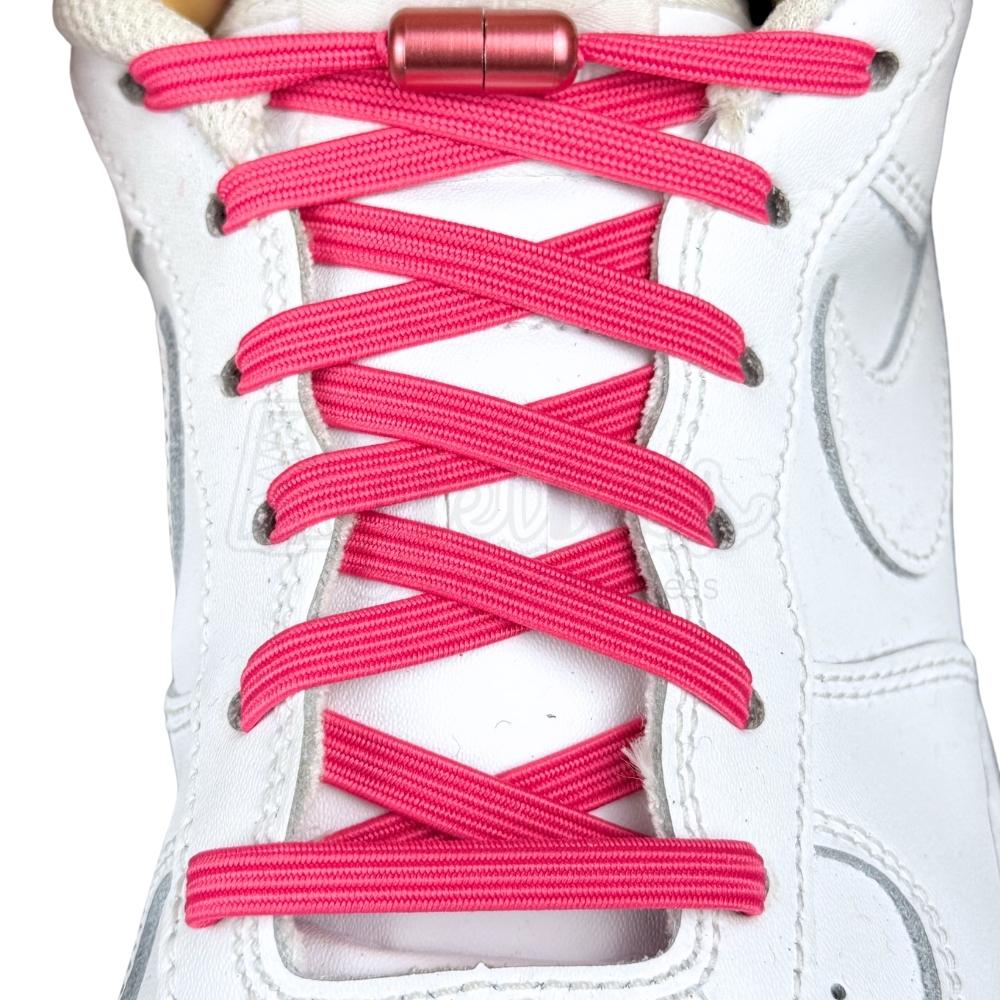 Elastische veters zonder strikken plat 7mm capsule sluiting rozenrood met stretch uitgerekt