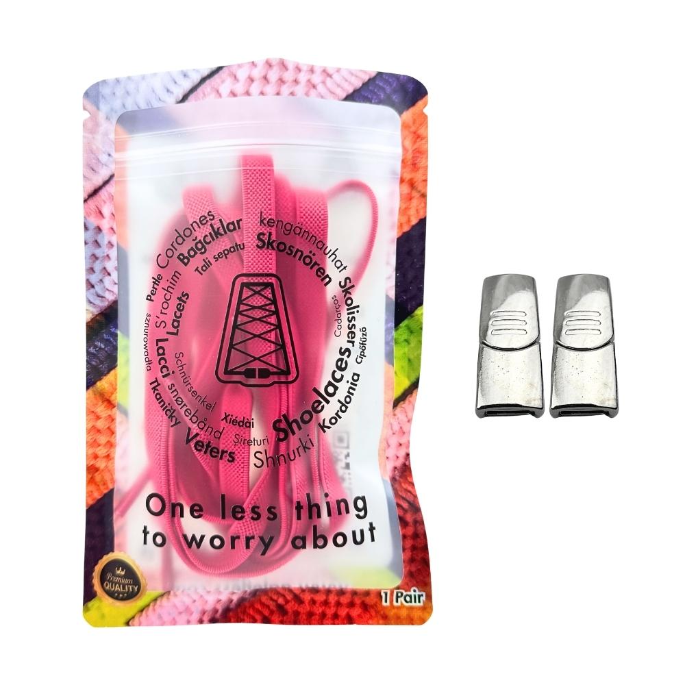 Elastische veters zonder strikken plat 9mm magnetische sluiting rozenrood in luxe verpakking