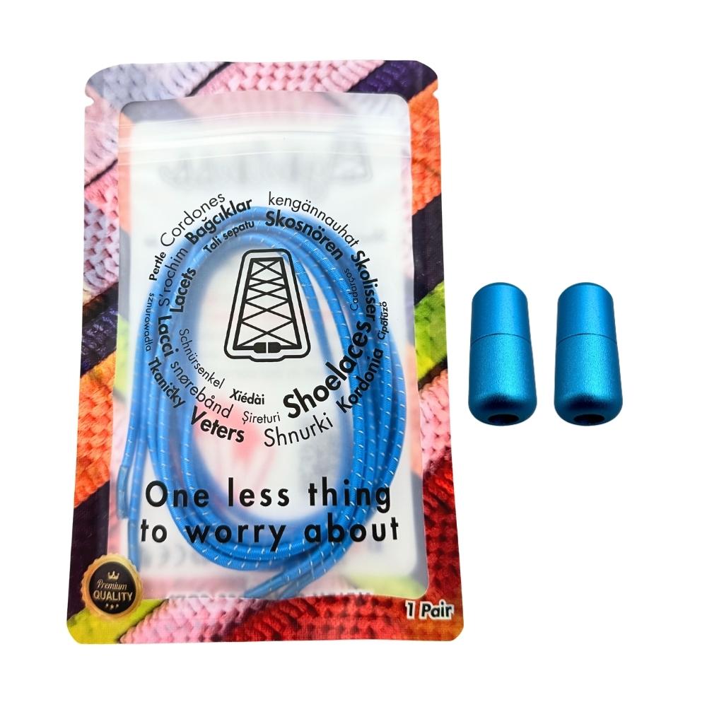 Elastische veters zonder strikken reflecterend 3mm capsule sluiting lichtblauw in luxe verpakking