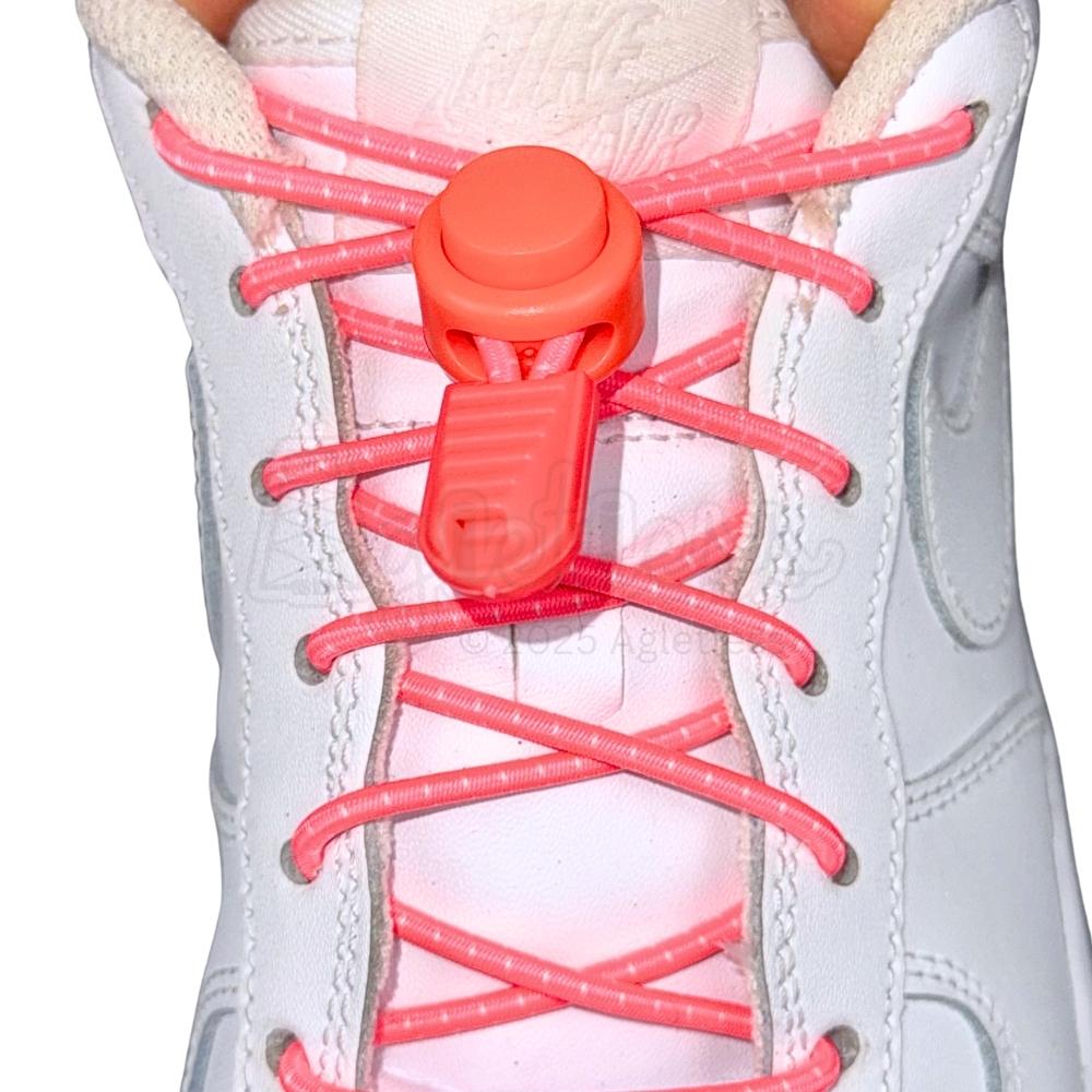 Elastische veters zonder strikken reflecterend 3mm lock sluiting fluorescerend roze met stretch uitgerekt