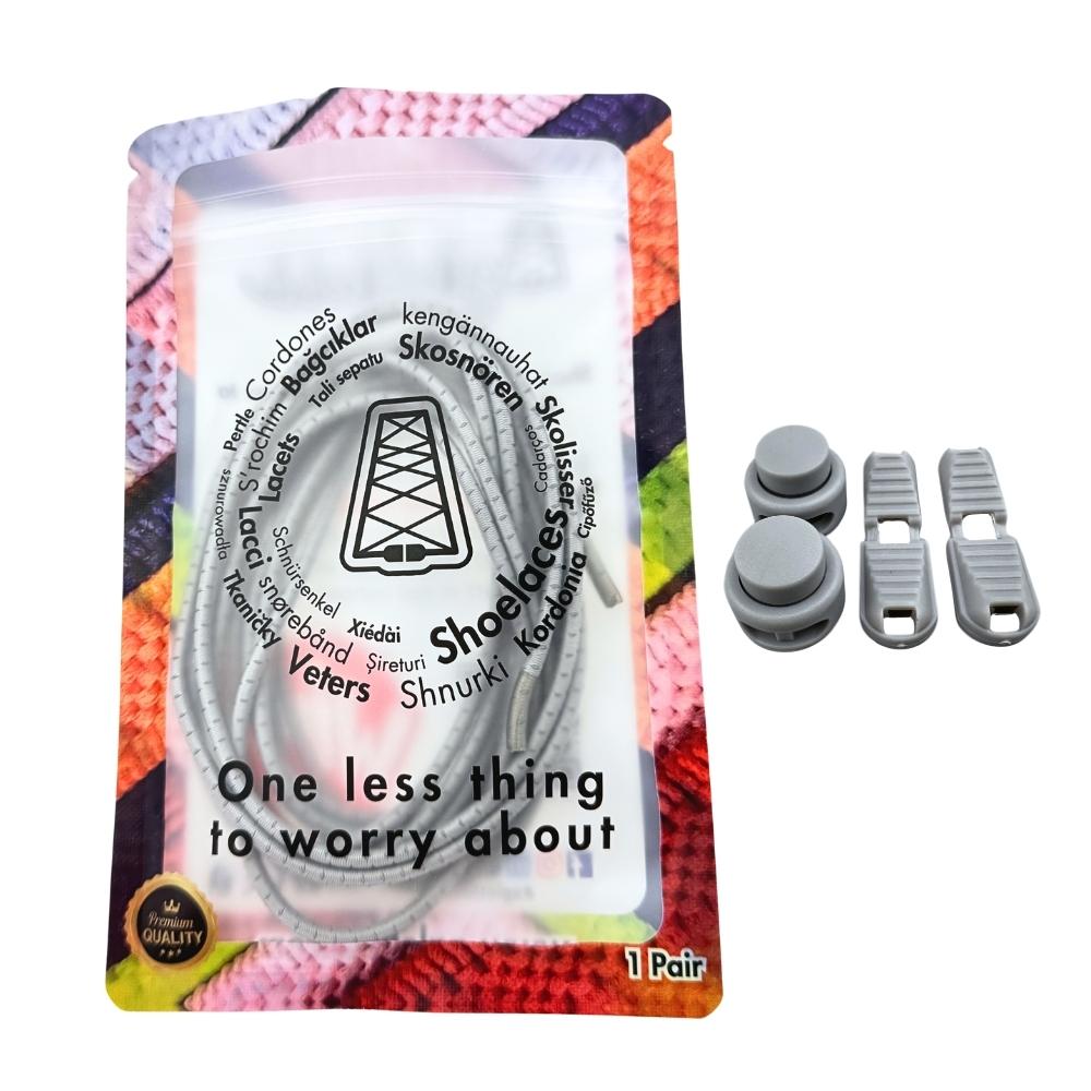 Elastische veters zonder strikken reflecterend 3mm lock sluiting grijs in luxe verpakking