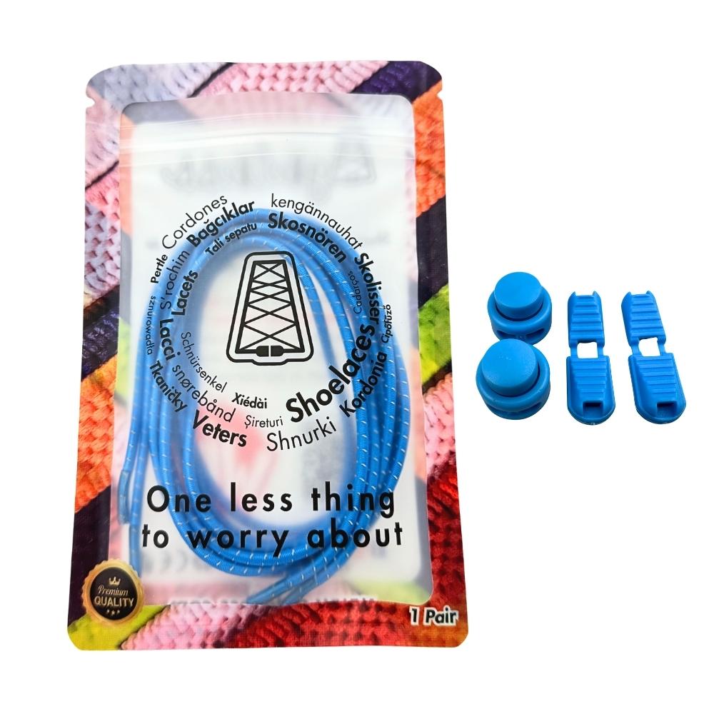 Elastische veters zonder strikken reflecterend 3mm lock sluiting lichtblauw in luxe verpakking