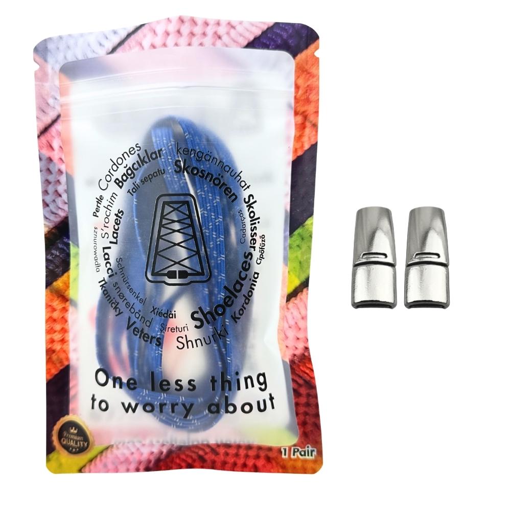 Elastische veters zonder strikken reflecterend 7mm magnetische sluiting blauw in luxe verpakking