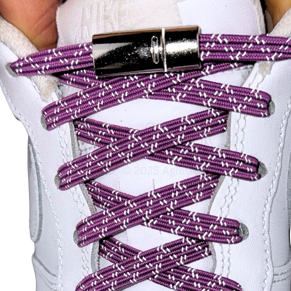 Elastische veters zonder strikken reflecterend 7mm magnetische sluiting paars met stretch uitgerekt