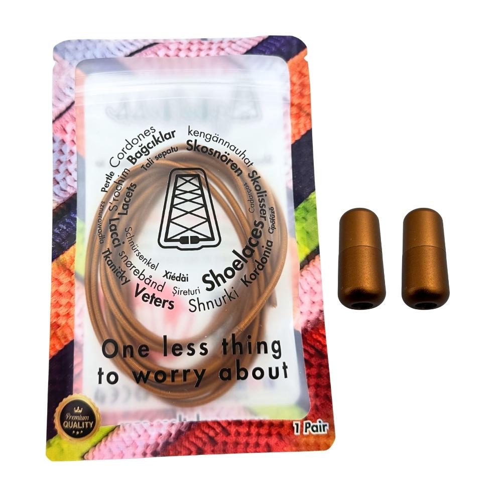 Elastische veters zonder strikken rond 3mm capsule sluiting lichtbruin in luxe verpakking