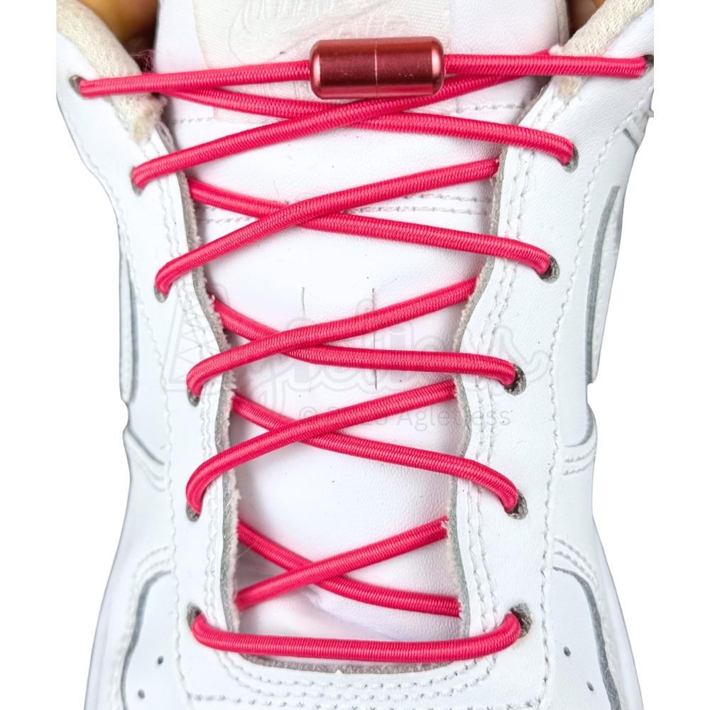 Elastische veters zonder strikken rond 3mm capsule sluiting rozenrood met stretch uitgerekt