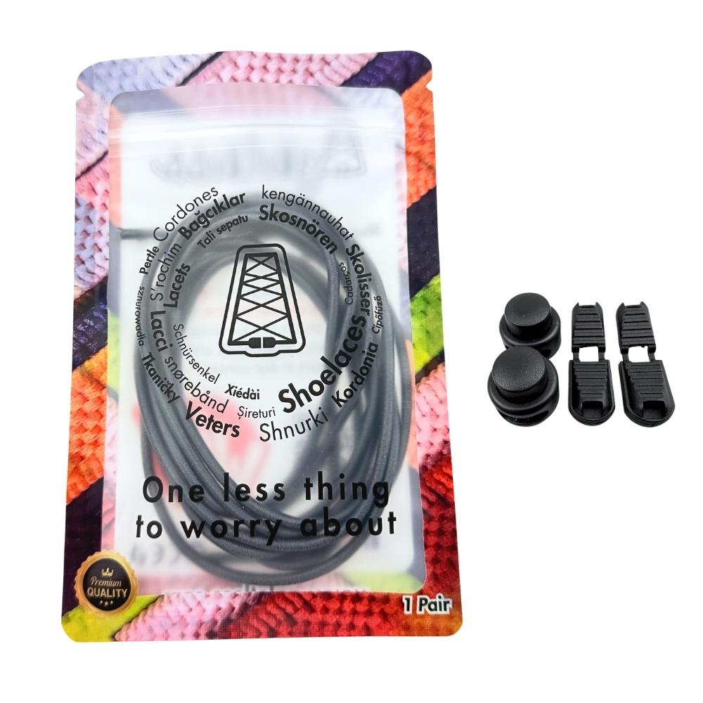 Elastische veters zonder strikken rond 3mm lock sluiting donkergrijs in luxe verpakking