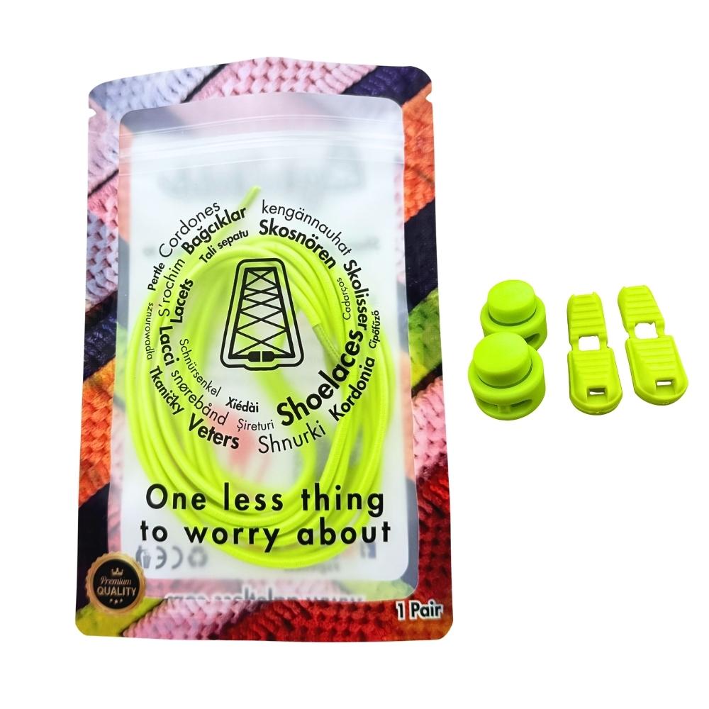 Elastische veters zonder strikken rond 3mm lock sluiting fluorescerend groen in luxe verpakking