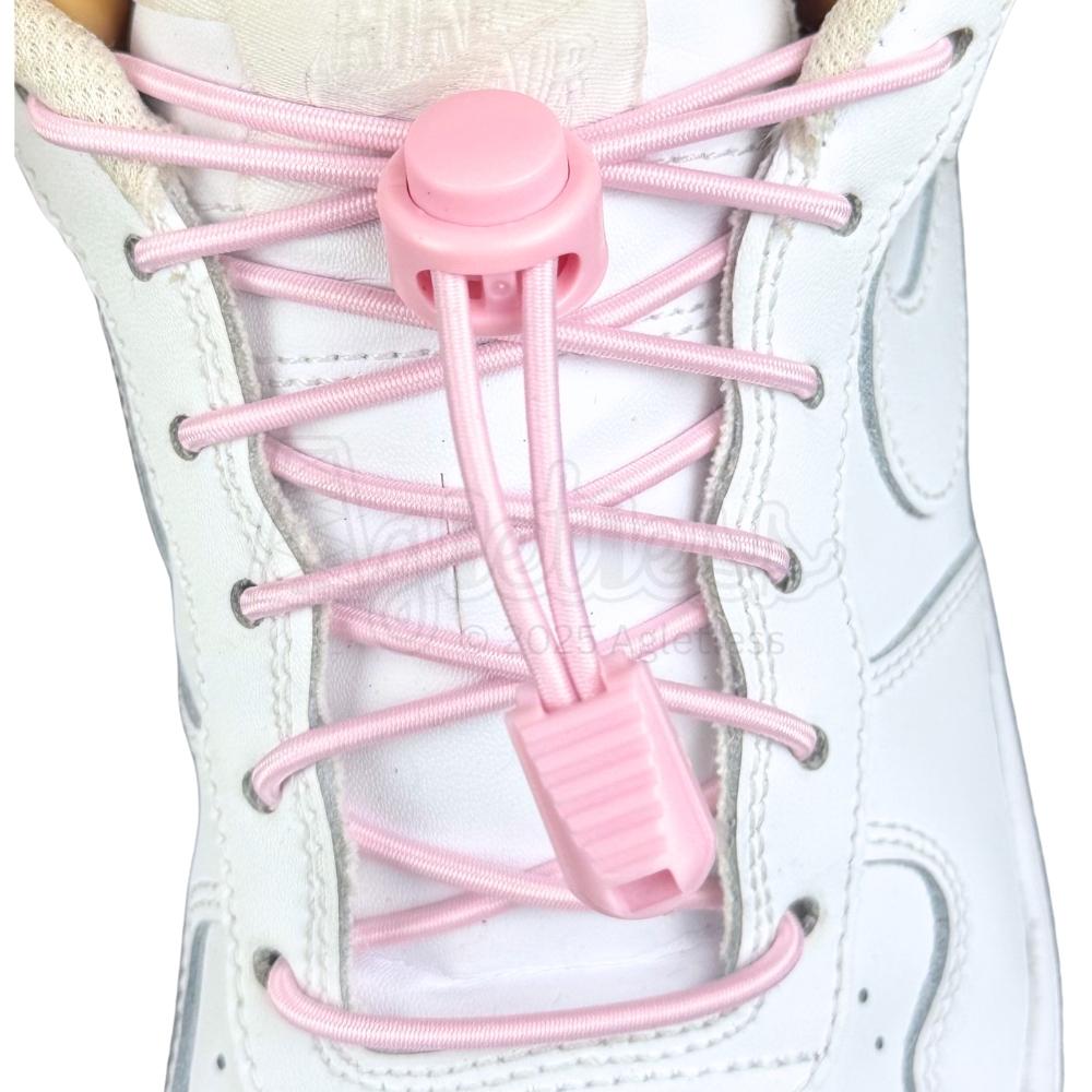 Elastische veters zonder strikken rond 3mm lock sluiting roze met stretch uitgerekt