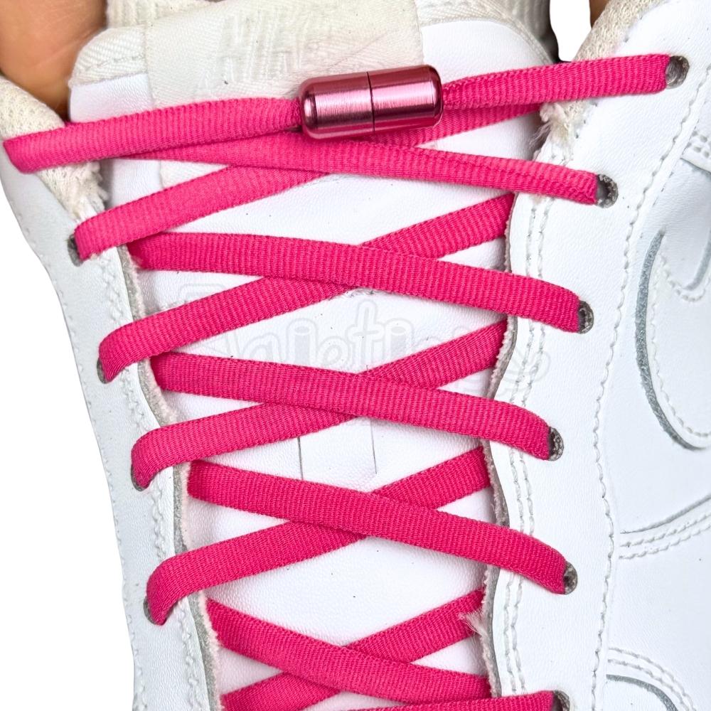 Elastische veters zonder strikken rond 5mm capsule sluiting rozenrood met stretch uitgerekt