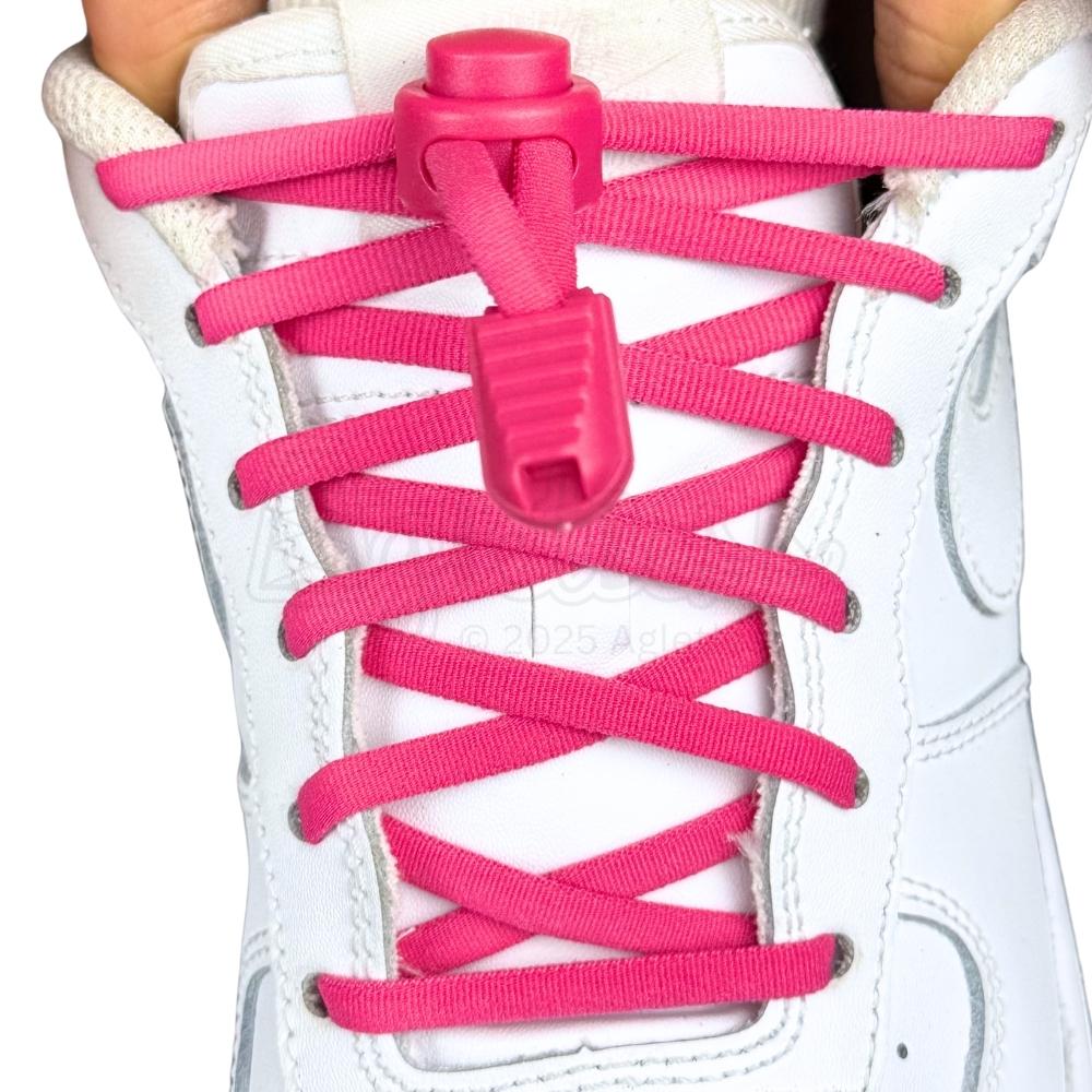 Elastische veters zonder strikken rond 5mm lock sluiting rozenrood met stretch uitgerekt