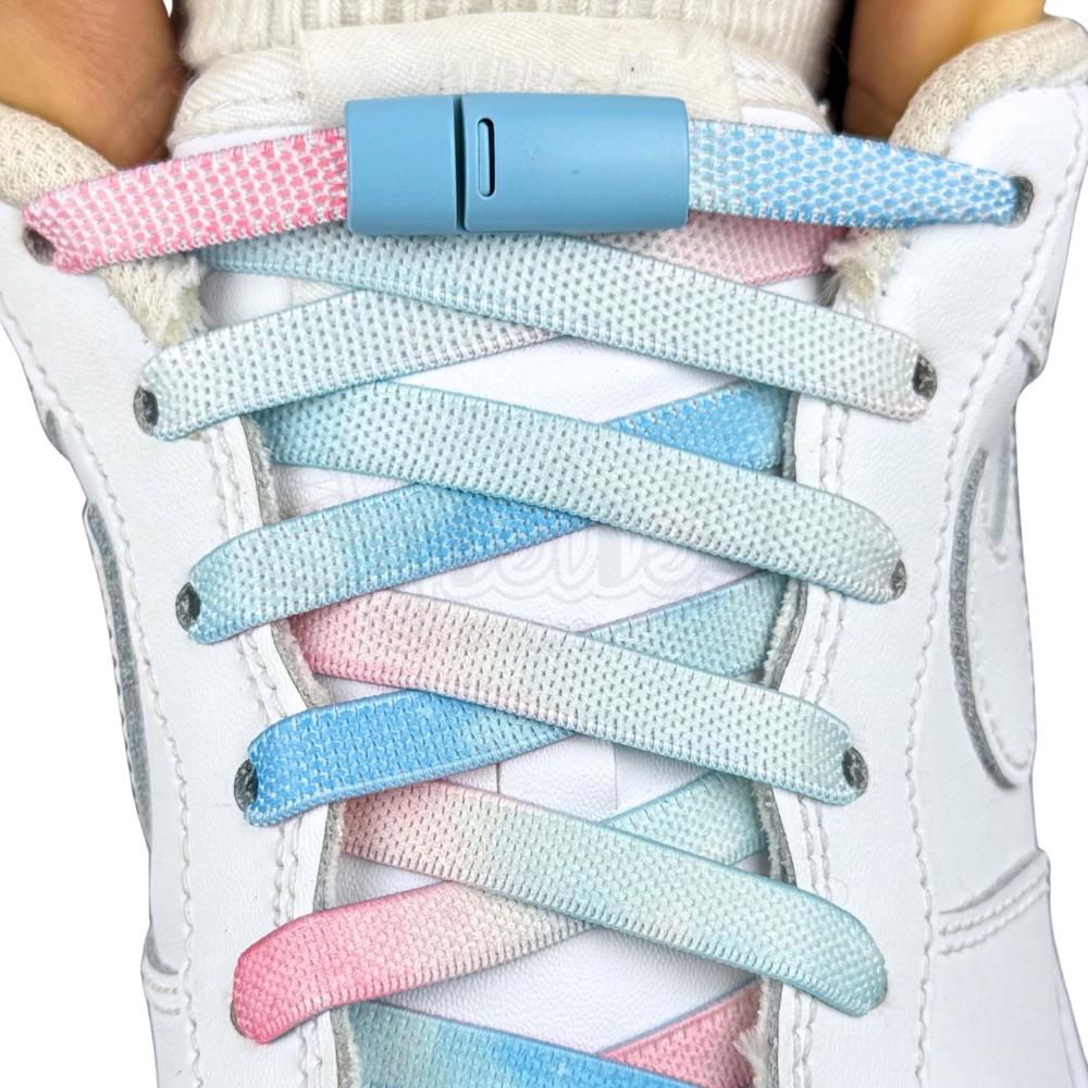 Elastische veters zonder strikken tie-dye 9mm magnetische sluiting blauw roze met stretch uitgerekt