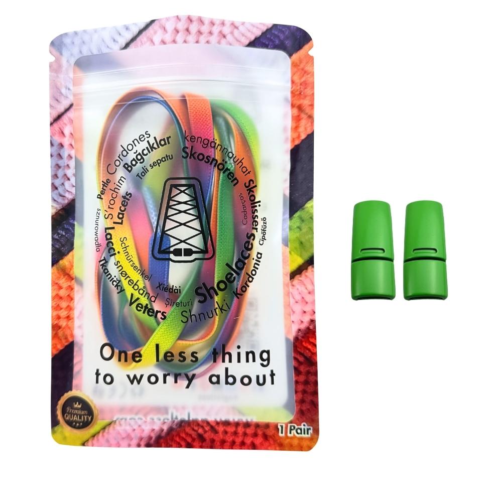 Elastische veters zonder strikken tie-dye 9mm magnetische sluiting groen regenboog in luxe verpakking