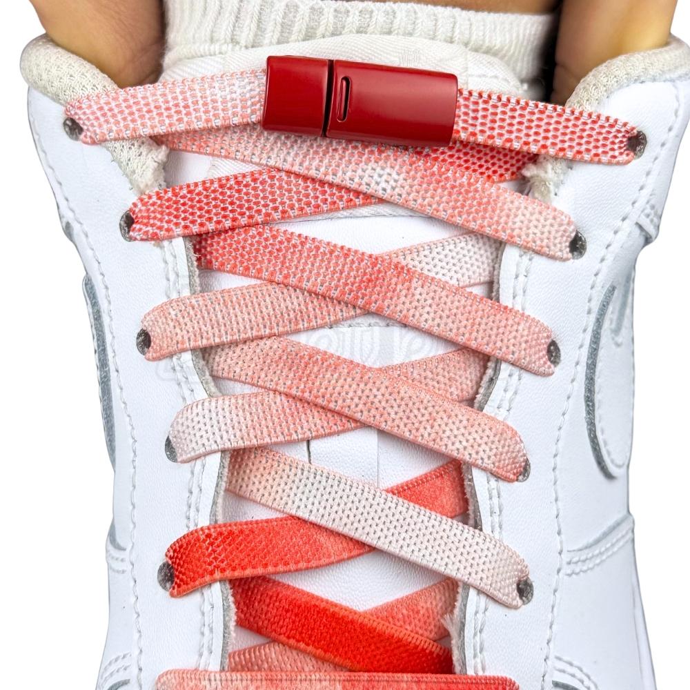 Elastische veters zonder strikken tie-dye 9mm magnetische sluiting rood met stretch uitgerekt