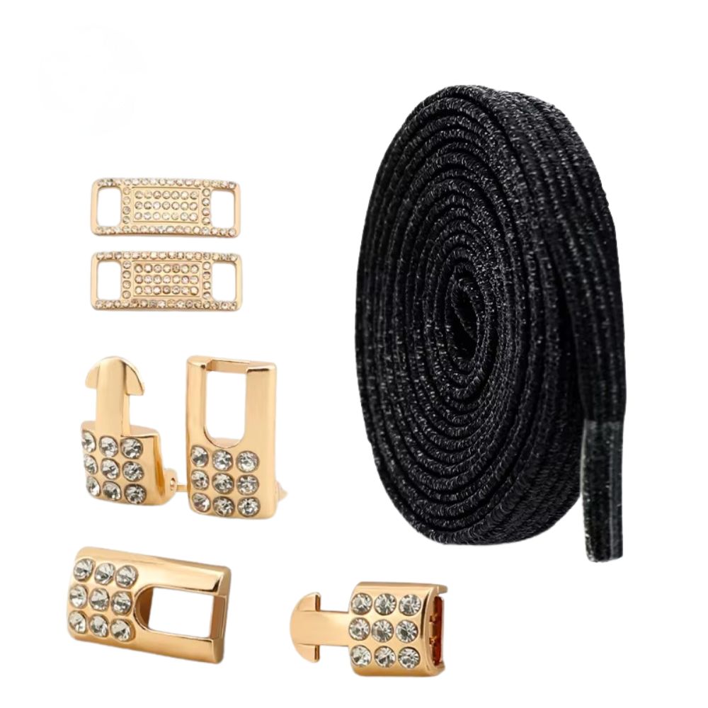 Bling elastische veters zwart plat met gouden sluiting