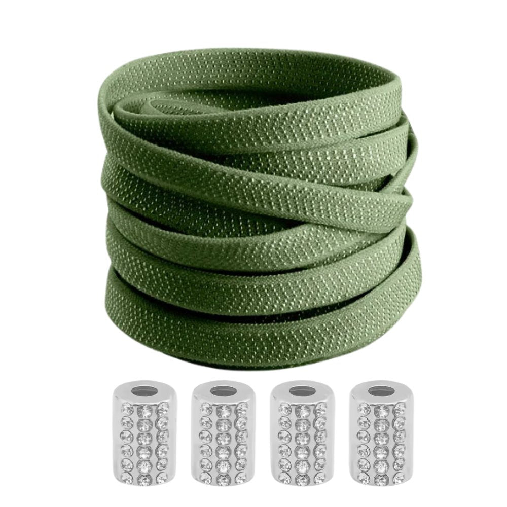 Mosgroene elastische veters met ronde sluiting en afwerking, stoer en comfortabel