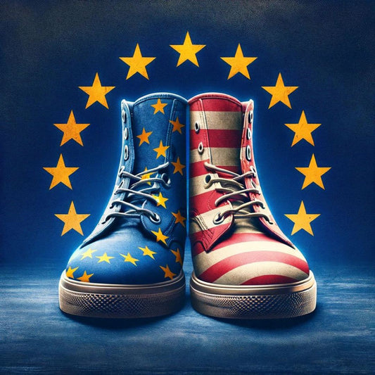 twee schoenen waarbij de ene een EU maar vertegenwoordigd en de andere een US maat om zo te laten zien dat mensen met deze blog de US naar EU schoenmaat kunnen omrekenen