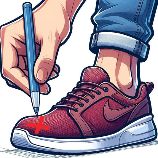 Gedetailleerde cartoon die een schoen aan een voet laat zien, met zichtbare strakheid bij het teengebied, aanduidend dat de schoenen bij de tenen opgerekt moeten worden.