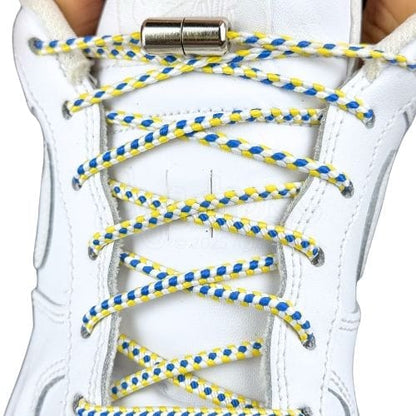 Elastische veters zonder strikken driehoek 3mm capsule sluiting wit blauw geel met stretch uitgerekt uitgelichte afbeelding