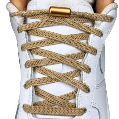 Elastische veters zonder strikken plat 6mm metalen draai capsule khaki met stretch uitgerekt uitgelichte afbeelding