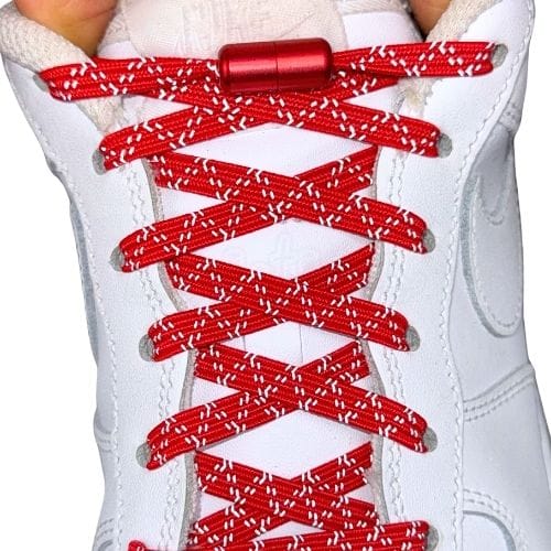 Elastische veters zonder strikken reflecterend 7mm capsule sluiting rood met stretch uitgerekt uitgelichte afbeelding